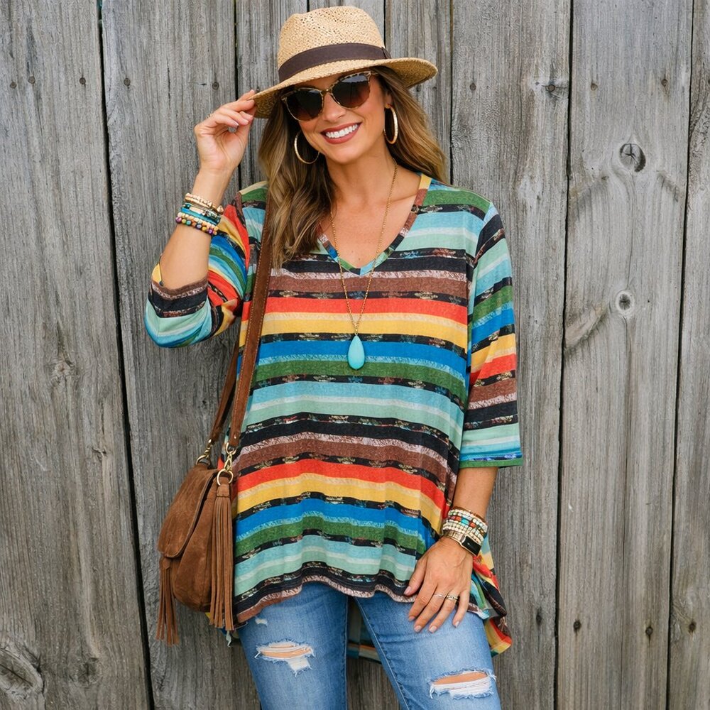 Lucky and Blessed 3/4 sleeve southwest high low top western aztec size M